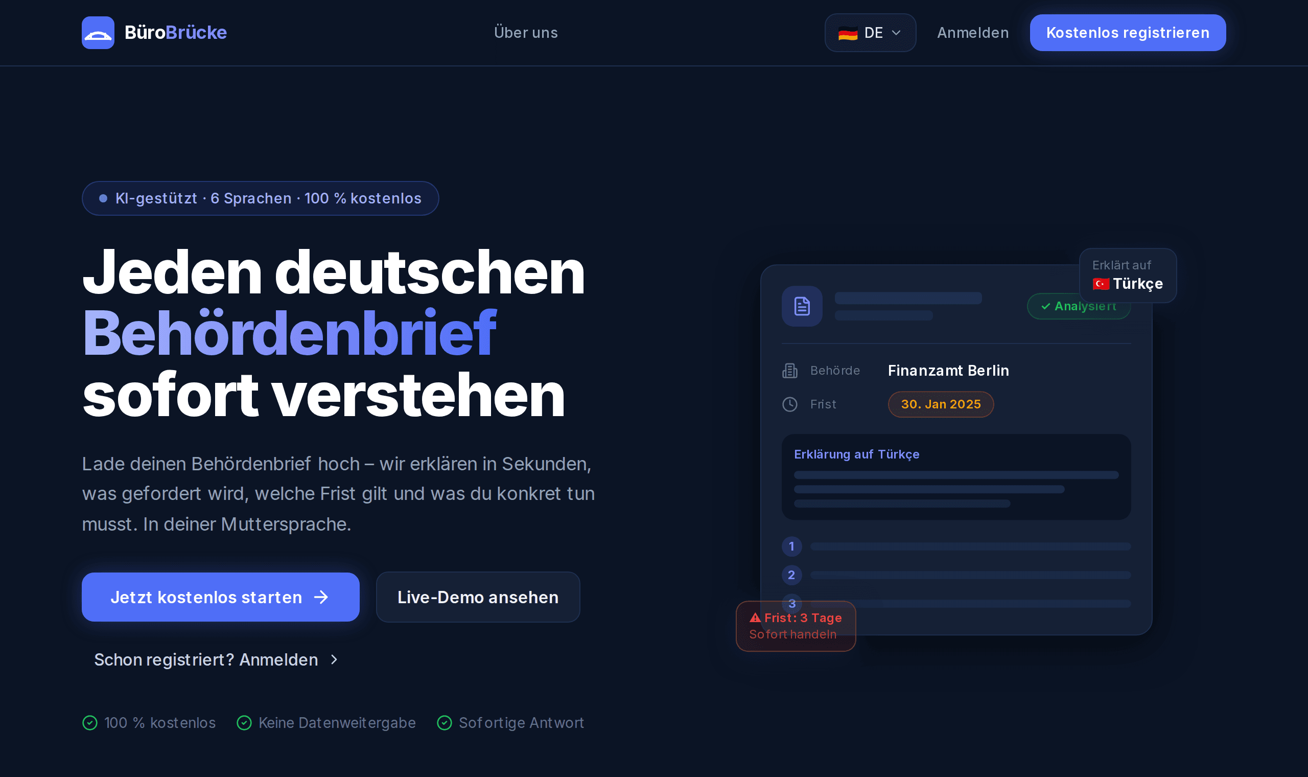 Screenshot der Website BüroBrücke – KI-Tool / SaaS