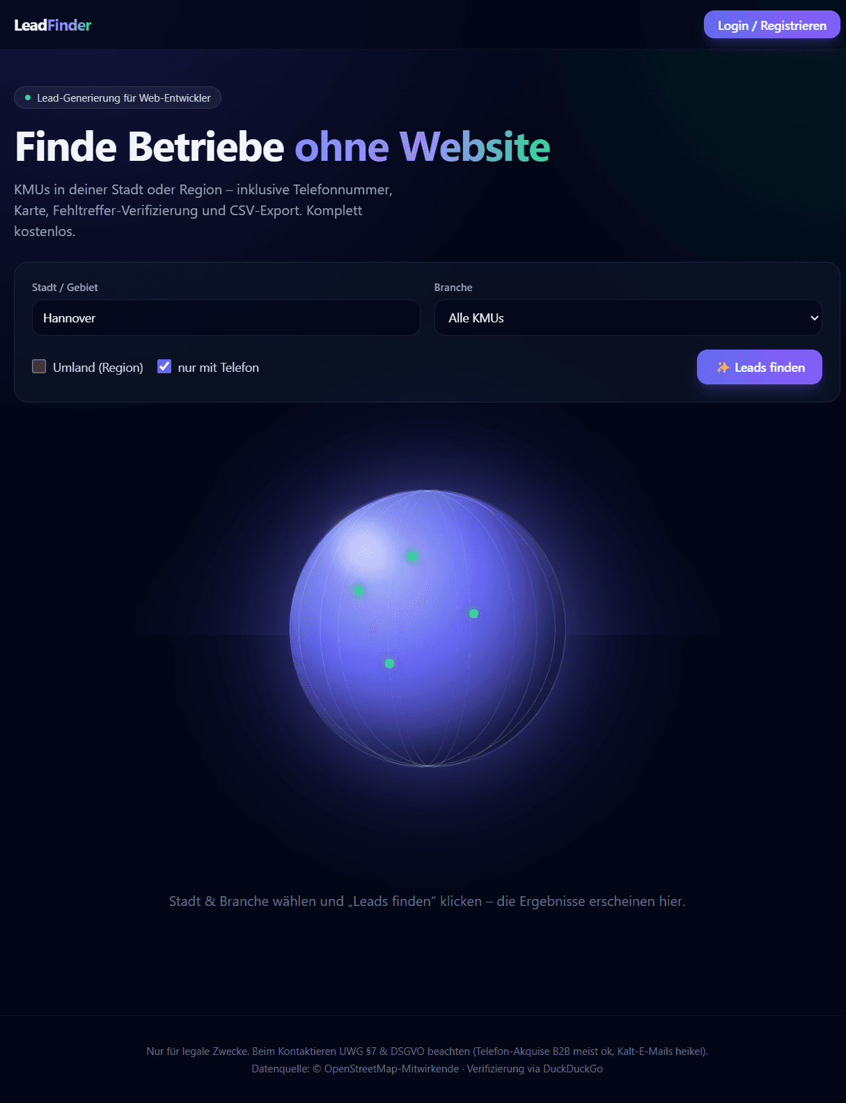 Screenshot der Website Lead-Finder – Web-App / Lead-Recherche
