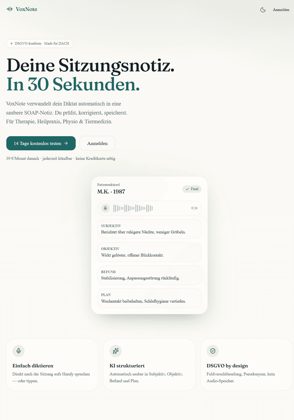 Screenshot der Website VoxNote – KI-SaaS / Praxis-Dokumentation